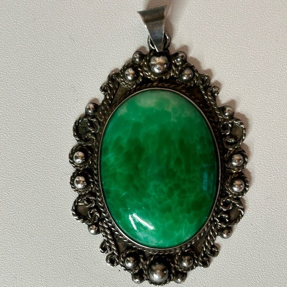 Vintage Large Signed Mexico Taxco Sterling Silver 925 Green Agate Stone - Picture 3 of 7